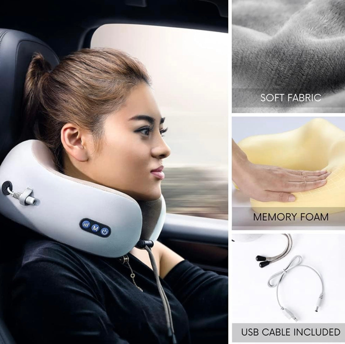 Masseur Cou et Cervical, Coussin de Massage Électrique, Oreiller de Voyage, Rechargeable par USB